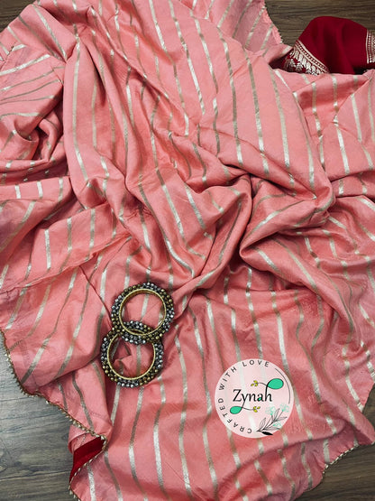 Zynah Pure Munga Silk Saree with Diagonal Stripes, Lehariya Style Weaving & Lace Border; Custom Stitched/Ready-made Blouse, Fall, Petticoat; Shipping available USA, Worldwide