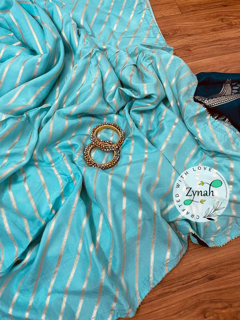 Zynah Pure Munga Silk Saree with Diagonal Stripes, Lehariya Style Weaving & Lace Border; Custom Stitched/Ready-made Blouse, Fall, Petticoat; Shipping available USA, Worldwide