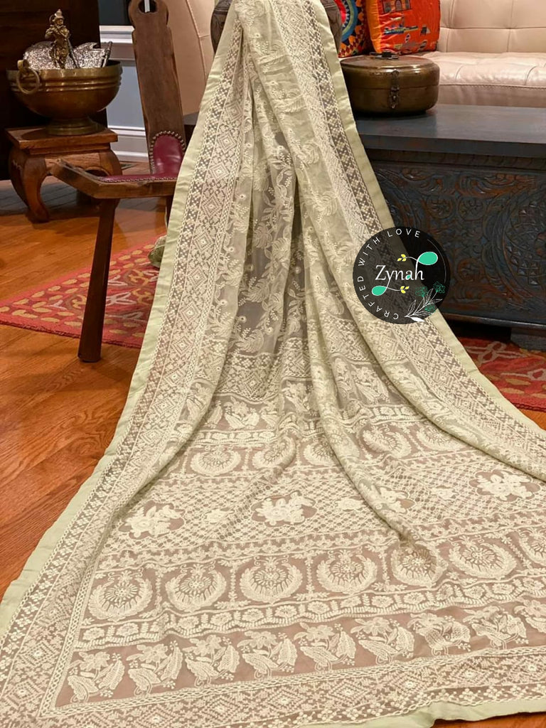 Zynah Pure Georgette Chikankari Saree with Glitter Work and Satin Lace Border; Custom Stitched/Ready-made Blouse, Fall, Petticoat; Shipping available USA, Worldwide