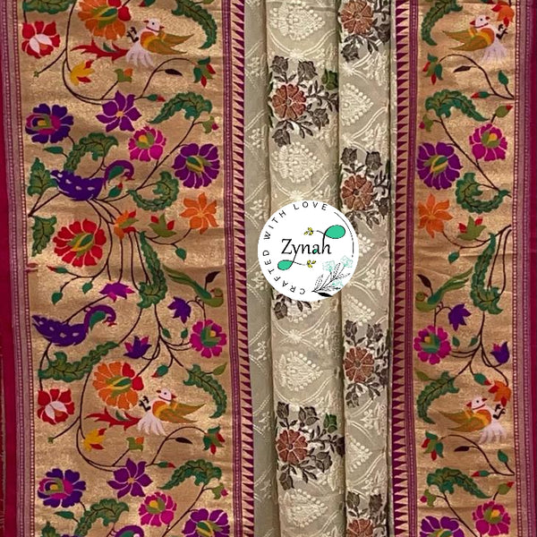 Zynah Banarasi Khaddi Georgette Saree with Chikankari Work & Paithani Weave; Custom Stitched/Ready-made Blouse, Fall, Petticoat; Shipping available USA, Worldwide