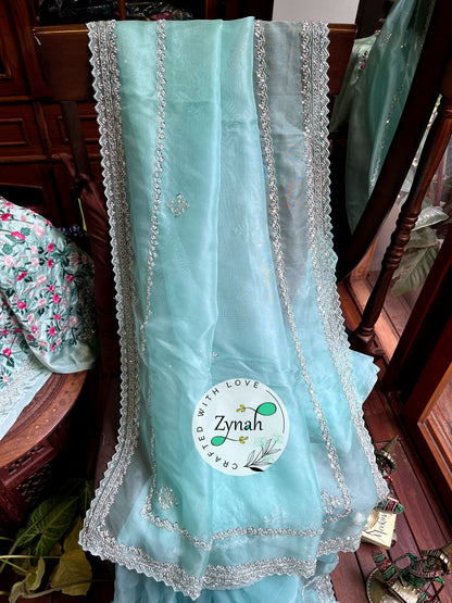 Zynah Sea Green Color Pure Organza Silk Saree with Sequence, Pearls & Cut-dana Work; Custom Stitched/Ready-made Blouse, Fall, Petticoat; Shipping available USA, Worldwide