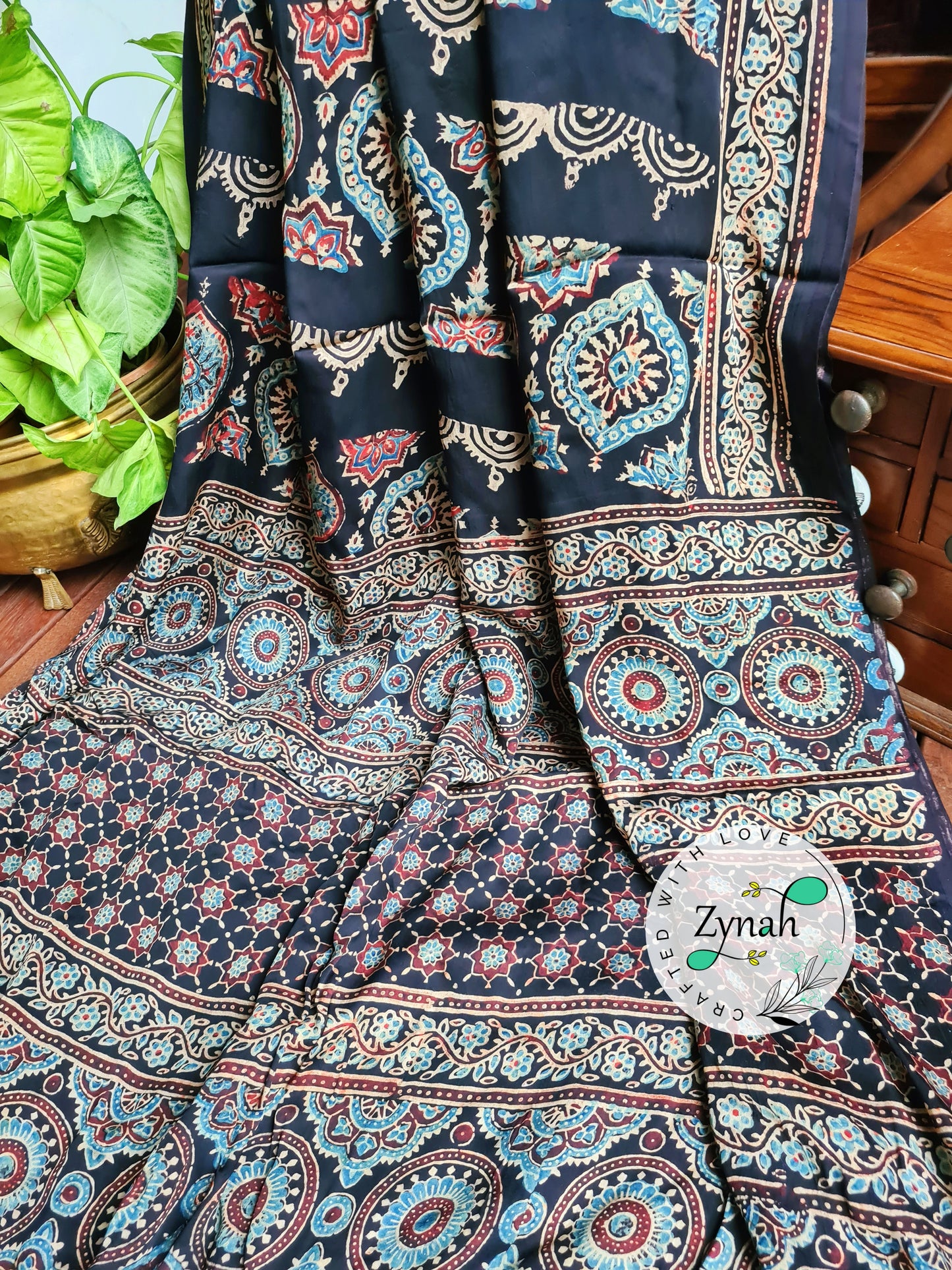 Zynah Black Color Pure Modal Silk Ajrakh Saree with Handblock Prints; Custom Stitched/Ready-made Blouse, Fall, Petticoat; Shipping available USA, Worldwide