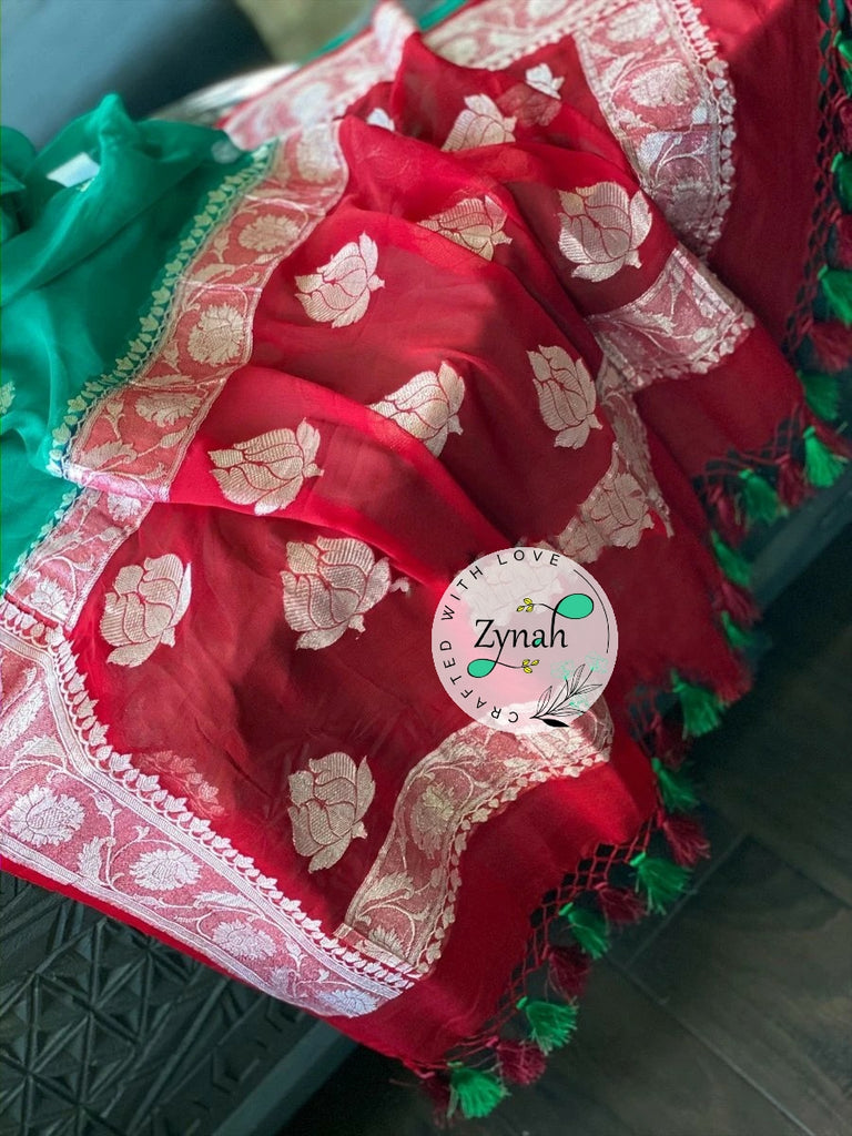 Zynah Pure Banarasi Handloom Khaddi Georgette Saree with Zari Weave; Custom Stitched/Ready-made Blouse, Fall, Petticoat; Shipping available USA, Worldwide