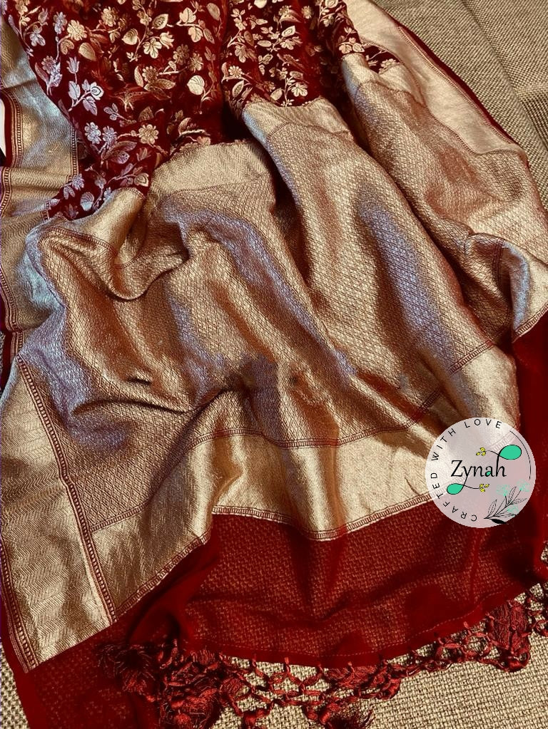 Zynah Pure Khaddi Georgette Saree with Floral Jaal; Custom Stitched/Ready-made Blouse, Fall, Petticoat; Shipping available USA, Worldwide