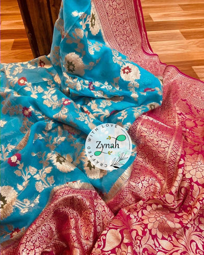 Zynah Blue Color Pure Khaddi Georgette Banarasi Saree with Golden Zari & Meenakari Weaved Motifs; Custom Stitched/Ready-made Blouse, Fall, Petticoat; Shipping available USA, Worldwide
