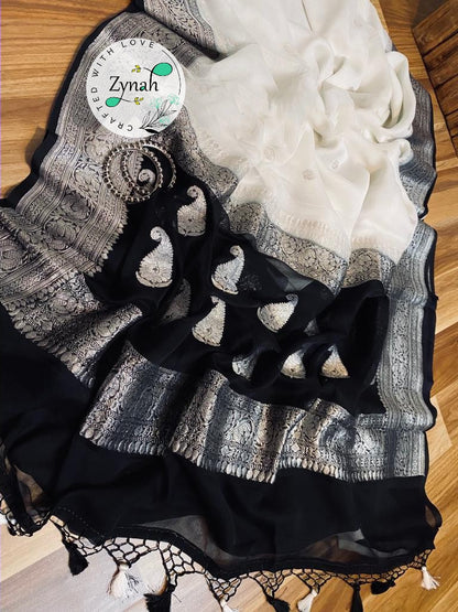 Zynah White & Black Color Pure Banarasi Handloom Khaddi Georgette Saree with Zari Border & Butis; Custom Stitched/Ready-made Blouse, Fall, Petticoat; Shipping available USA, Worldwide