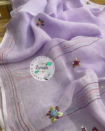 Zynah Pure Linen(120c) Handcrafted Saree with French Knot Hand Embroidery; Custom Stitched/Ready-made Blouse, Fall, Petticoat; Shipping available USA, Worldwide