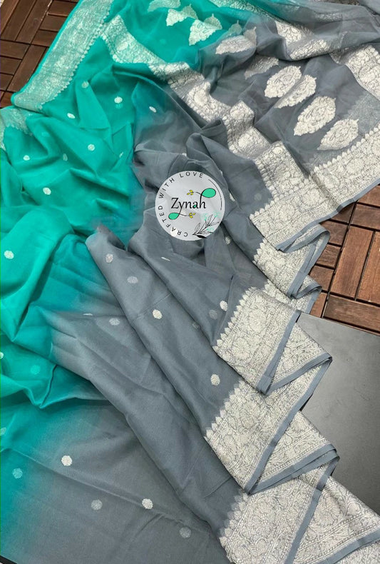 Zynah Pure Banarasi Handloom Khaddi Georgette Double-shaded Saree with Zari Weave; Custom Stitched/Ready-made Blouse, Fall, Petticoat; Shipping available USA, Worldwide