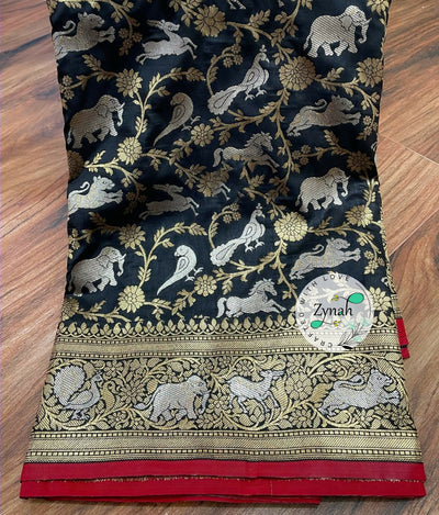 Zynah Pure Banarasi Soft Silk Saree with Shikargah Design; Custom Stitched/Ready-made Blouse, Fall, Petticoat; Shipping available USA, Worldwide