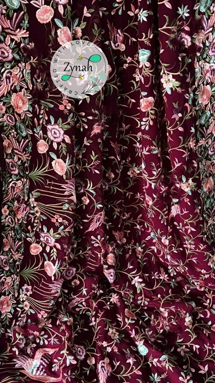 Zynah Pure Georgette Parsi Gara Inspired Embroidery Saree; Custom Stitched/Ready-made Blouse, Fall, Petticoat; Shipping available USA, Worldwide