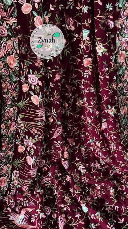 Zynah Pure Georgette Parsi Gara Inspired Embroidery Saree; Custom Stitched/Ready-made Blouse, Fall, Petticoat; Shipping available USA, Worldwide