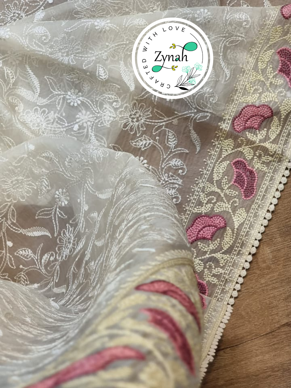 Zynah Off-White Color Pure Organza Silk Chikankari  Embroidery Saree with Crochet Lace  in Pastel Shades; Available in many colors; stitched readymade blouse,fall,petticoat,available in USA