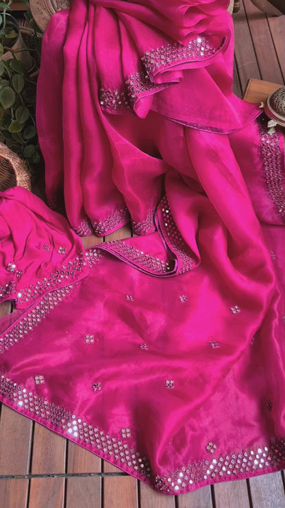 Zynah Pure Organza Silk Saree with Mirror Kutchi Work; Custom Stitched/Ready-made Blouse, Fall, Petticoat; Shipping available USA, Worldwide