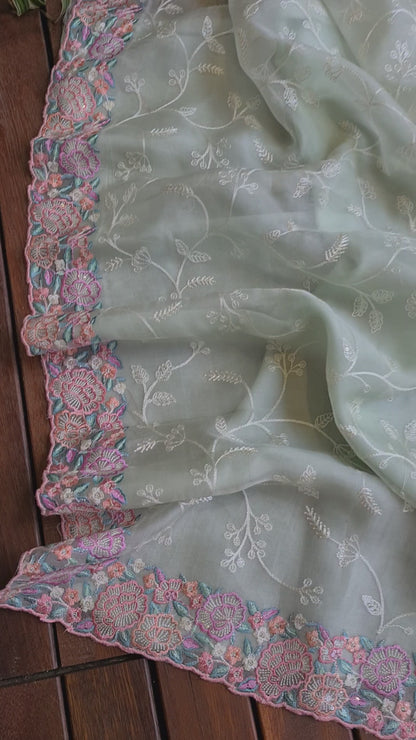Zynah Pure Organza Silk Saree with Scalloped Border, Thread Embroidery & Sequence Work; Custom Stitched/Ready-made Blouse, Fall, Petticoat; Shipping available USA, Worldwide