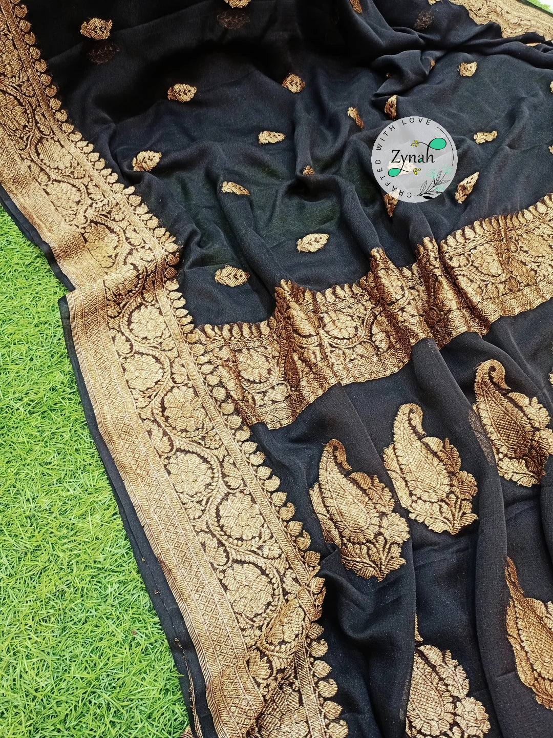 Zynah Pure Banarasi Handloom Khaddi Georgette Saree with Zari Border & Butis; Custom Stitched/Ready-made Blouse, Fall, Petticoat; Shipping available USA, Worldwide