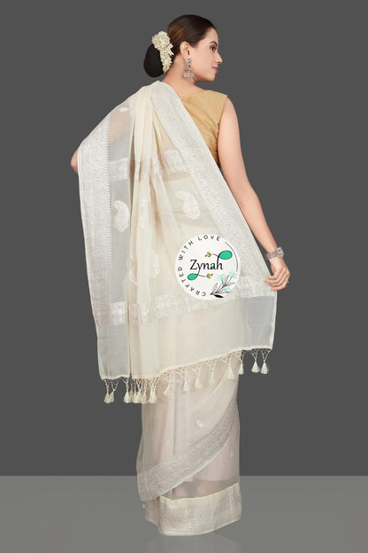Zynah Pure Banarasi Handloom Khaddi Georgette Saree with Zari Border & Butis; Custom Stitched/Ready-made Blouse, Fall, Petticoat; Shipping available USA, Worldwide