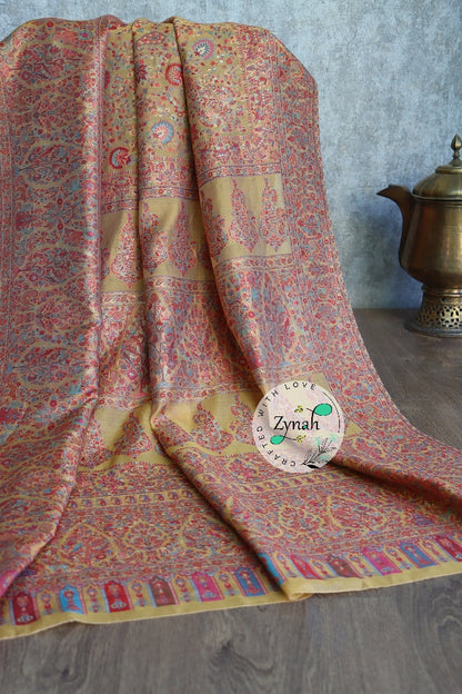 Zynah Pure Silk Kani Jamawar Saree with Grand Pallu & Border; Custom Stitched/Ready-made Blouse, Fall, Petticoat; Shipping available USA, Worldwide
