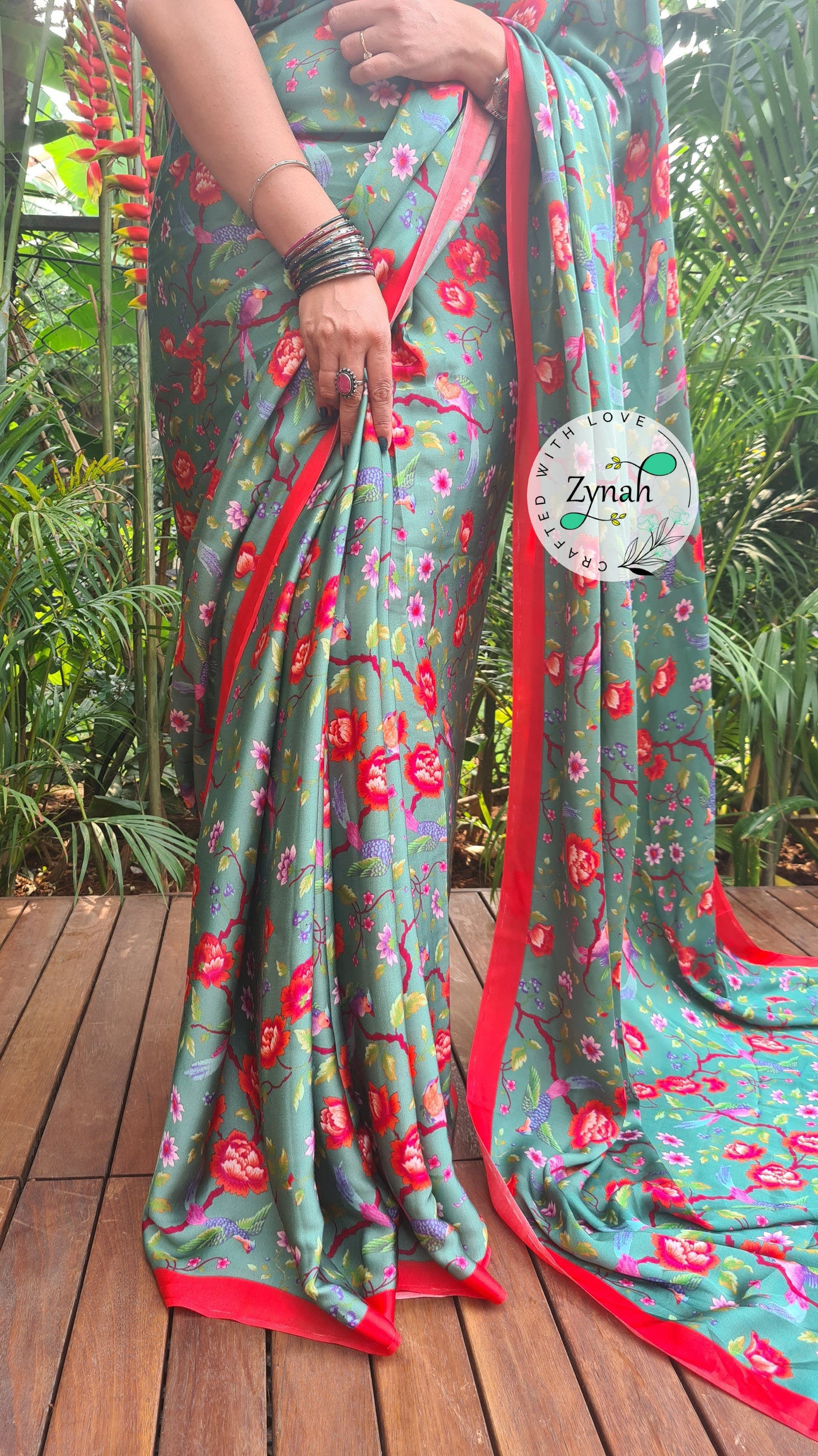 Zynah Pure Satin Silk Saree with Floral Prints; Custom Stitched/Ready-made Blouse, Fall, Petticoat; Shipping available USA, Worldwide