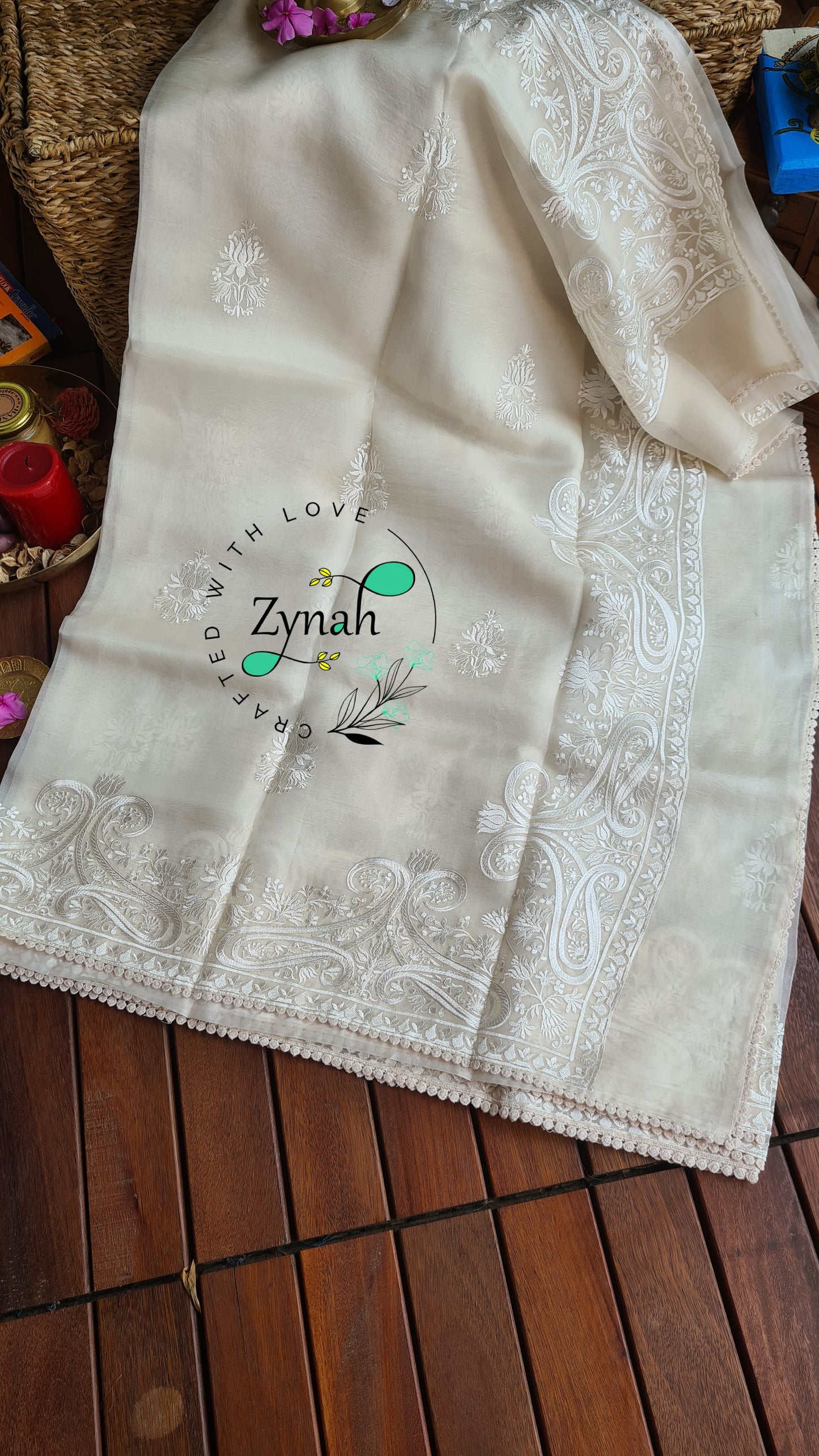 Zynah Pure Organza Silk Saree with Thread Embroidery & Crochet lace Border; Custom Stitched/Ready-made Blouse, Fall, Petticoat; Shipping available USA, Worldwide
