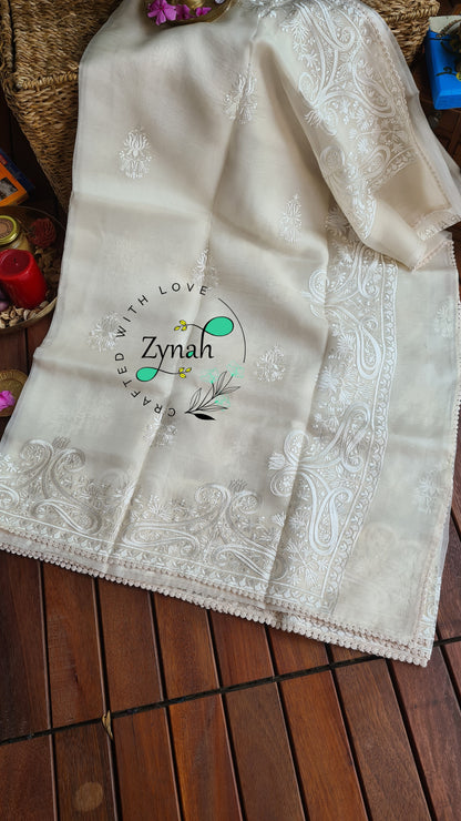 Zynah Pure Organza Silk Saree with Thread Embroidery & Crochet lace Border; Custom Stitched/Ready-made Blouse, Fall, Petticoat; Shipping available USA, Worldwide