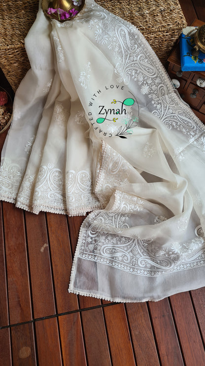 Zynah Pure Organza Silk Saree with Thread Embroidery & Crochet lace Border; Custom Stitched/Ready-made Blouse, Fall, Petticoat; Shipping available USA, Worldwide