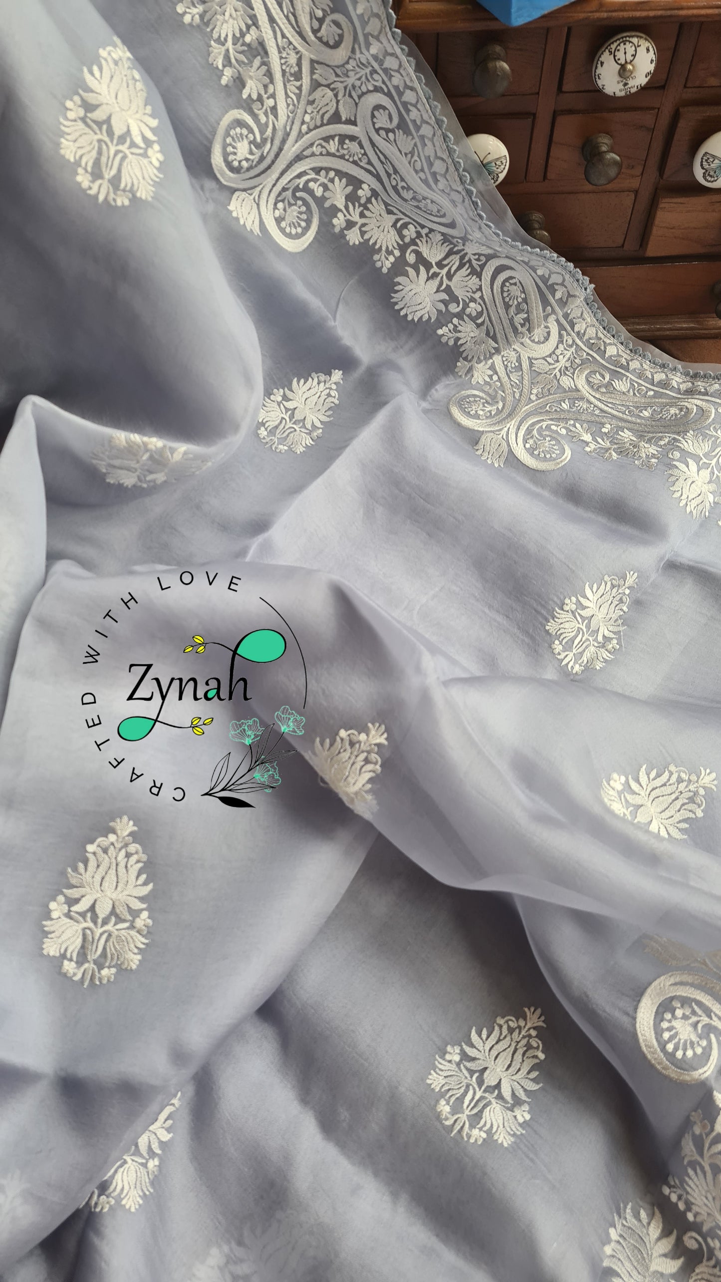 Zynah Pure Organza Silk Saree with Thread Embroidery & Crochet lace Border; Custom Stitched/Ready-made Blouse, Fall, Petticoat; Shipping available USA, Worldwide