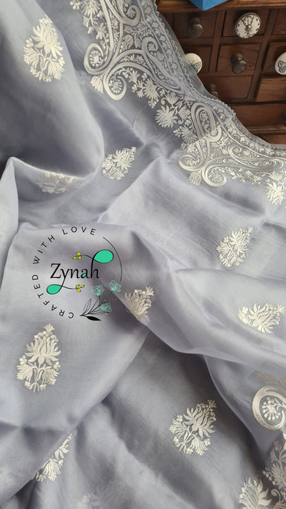 Zynah Pure Organza Silk Saree with Thread Embroidery & Crochet lace Border; Custom Stitched/Ready-made Blouse, Fall, Petticoat; Shipping available USA, Worldwide