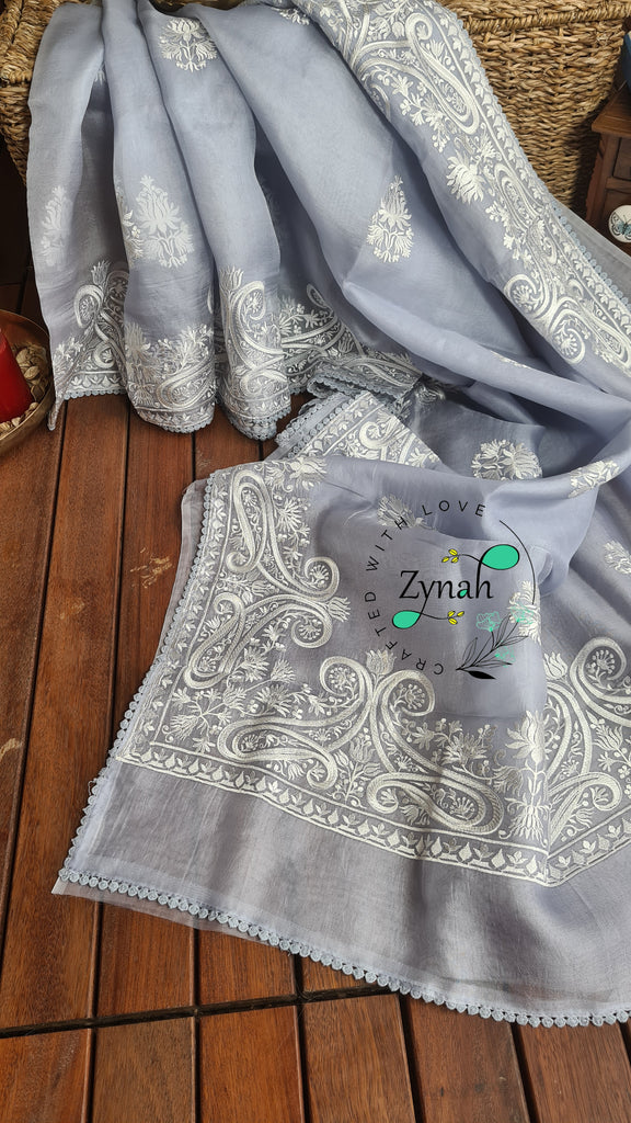 Zynah Pure Organza Silk Saree with Thread Embroidery & Crochet lace Border; Custom Stitched/Ready-made Blouse, Fall, Petticoat; Shipping available USA, Worldwide