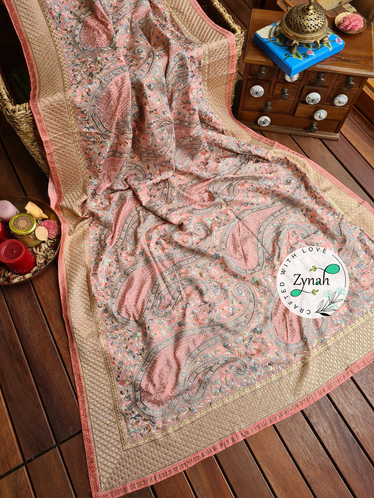 Zynah Pure Chinnon Georgette Kashmiri Kashida Inspired Saree with Hand-embellished Work; Custom Stitched/Ready-made Blouse, Fall, Petticoat; Shipping available USA, Worldwide