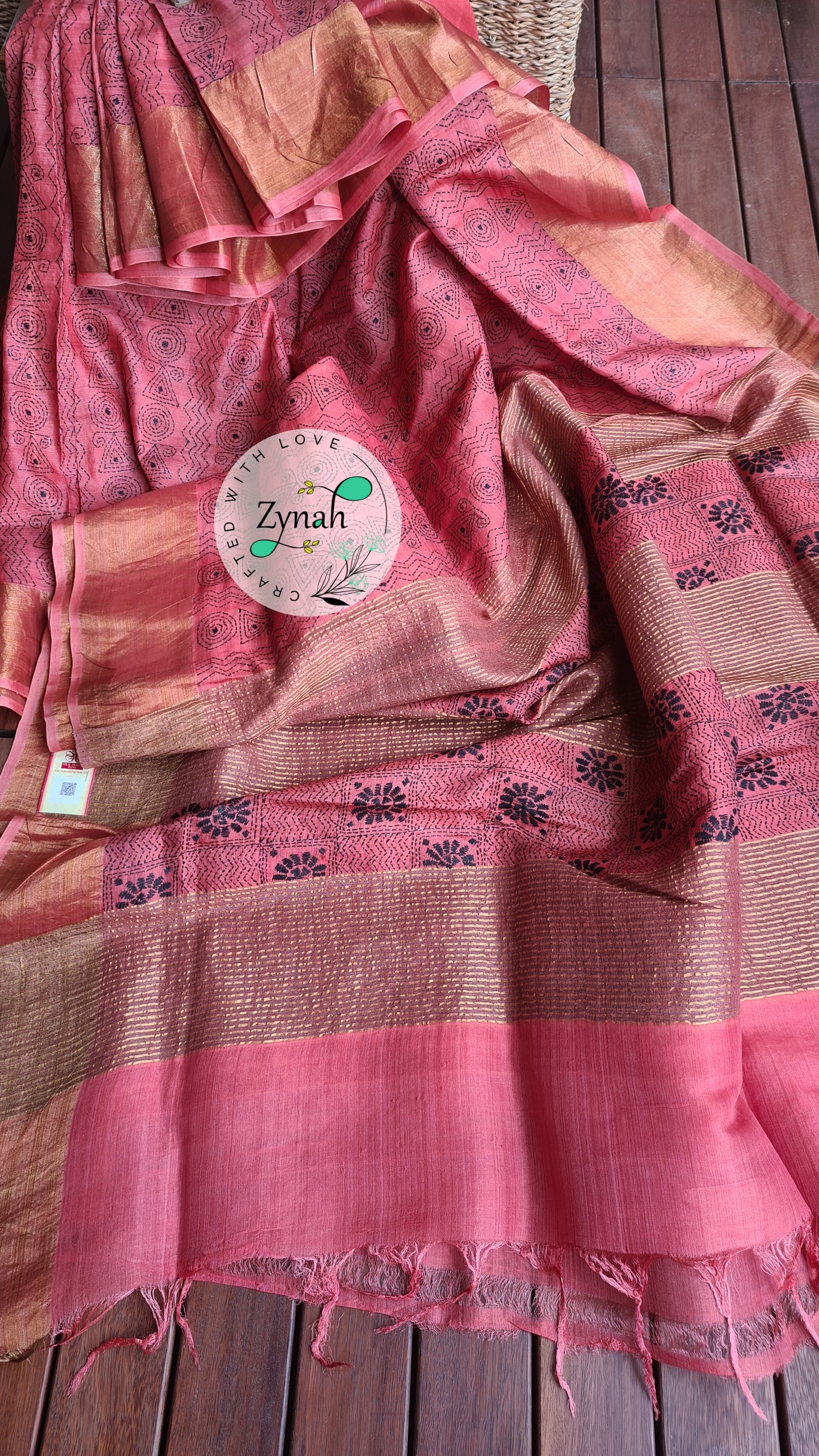 Zynah Handwoven Kantha Silk Saree, Zari Border; Custom Stitched/Ready-made Blouse, Fall, Petticoat; Shipping available USA, Worldwide