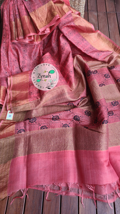 Zynah Handwoven Kantha Silk Saree, Zari Border; Custom Stitched/Ready-made Blouse, Fall, Petticoat; Shipping available USA, Worldwide