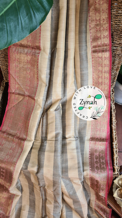 Zynah Pure Tussar Banarasi Silk Saree with Antique Zari; Custom Stitched/Ready-made Blouse, Fall, Petticoat; Shipping available USA, Worldwide