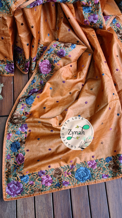 Zynah Made to Order Pure Tussar Silk Parsi Gara Handcrafted Saree; Custom Stitched/Ready-made Blouse, Fall, Petticoat; Shipping available USA, Worldwide