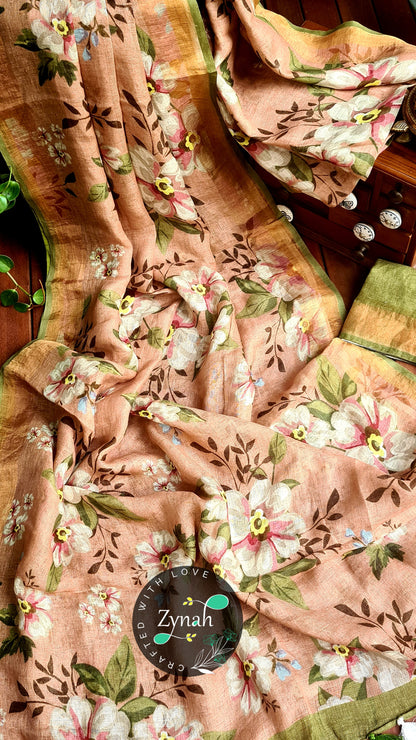 Zynah Organic Pure Linen by Linen(120c) Saree with Digital Floral Prints & Zari Border; Custom Stitched/Ready-made Blouse, Fall, Petticoat; Shipping available USA, Worldwide