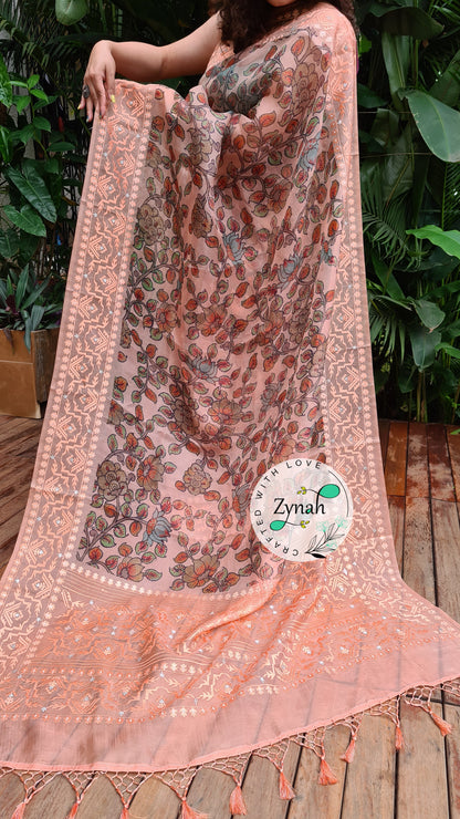 Zynah Pure Organza Silk Kalamkari Saree with Dhakai Jamdhani Thread Embroidery; Custom Stitched/Ready-made Blouse, Fall, Petticoat; Shipping available USA, Worldwide