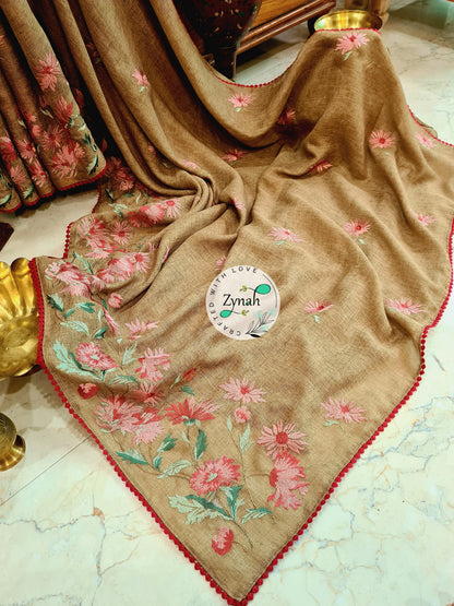 Zynah Pure Jute Muslin Embroidery Saree with Crochet lace; Custom Stitched/Ready-made Blouse, Fall, Petticoat; Shipping available USA, Worldwide