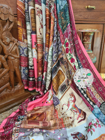 Zynah Pure Gajji Silk Pichwai Print Saree with tissue zari pallu; Custom Stitched/Ready-made Blouse, Fall, Petticoat; Shipping available USA, Worldwide