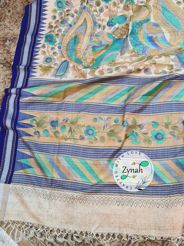 Zynah Pure Vidarbha Tussar Silk Saree with Handpainted Kalamkari Design, Karvati Kinar & Temple border; Custom Stitched/Ready-made Blouse, Fall, Petticoat; Shipping available USA, Worldwide