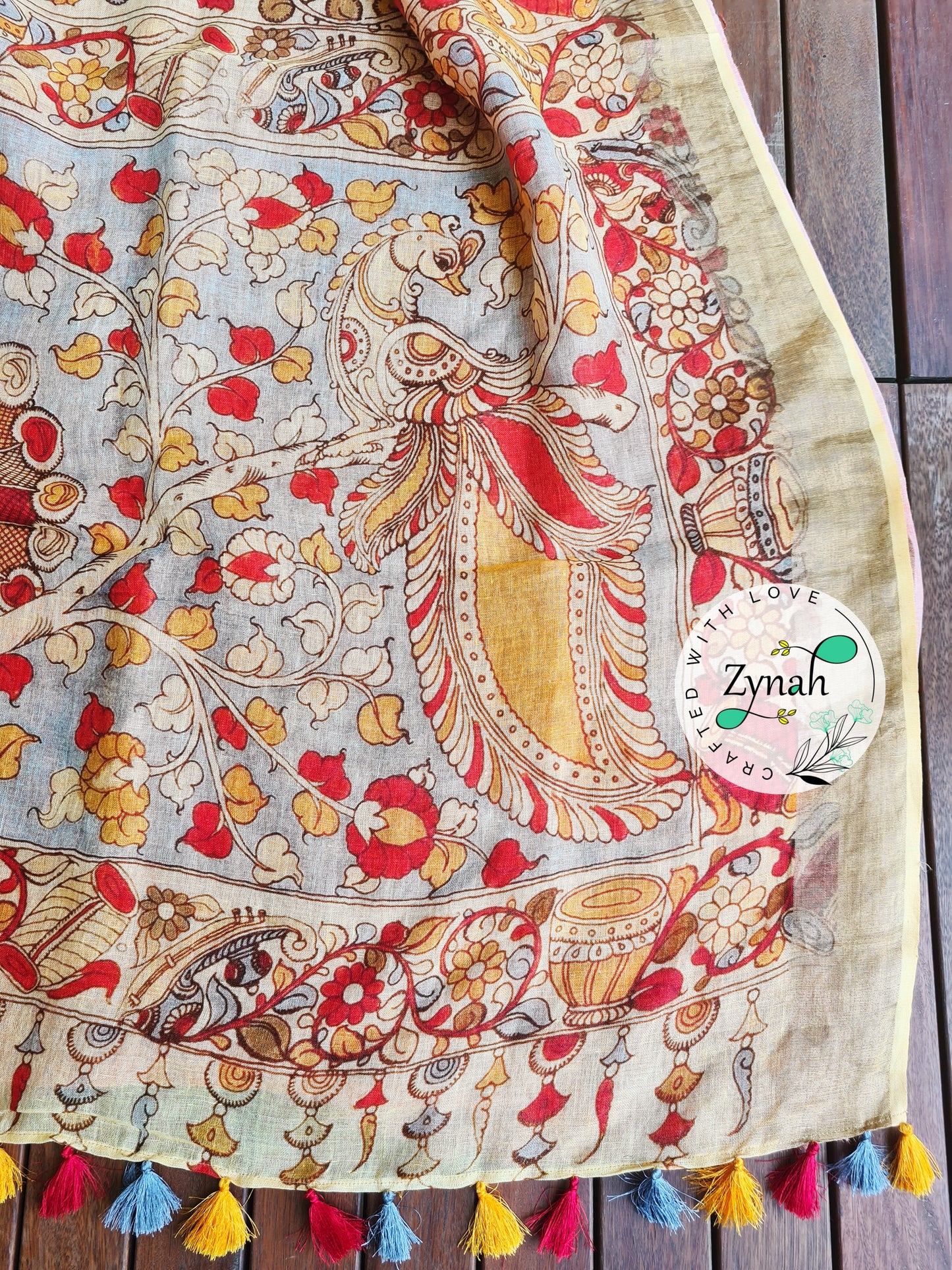 Zynah Kalamkari Organic Lab Tested 120 Count pure 'Linen by Linen' Saree; Custom Stitched/Ready-made Blouse, Fall, Petticoat; Shipping available USA, Worldwide