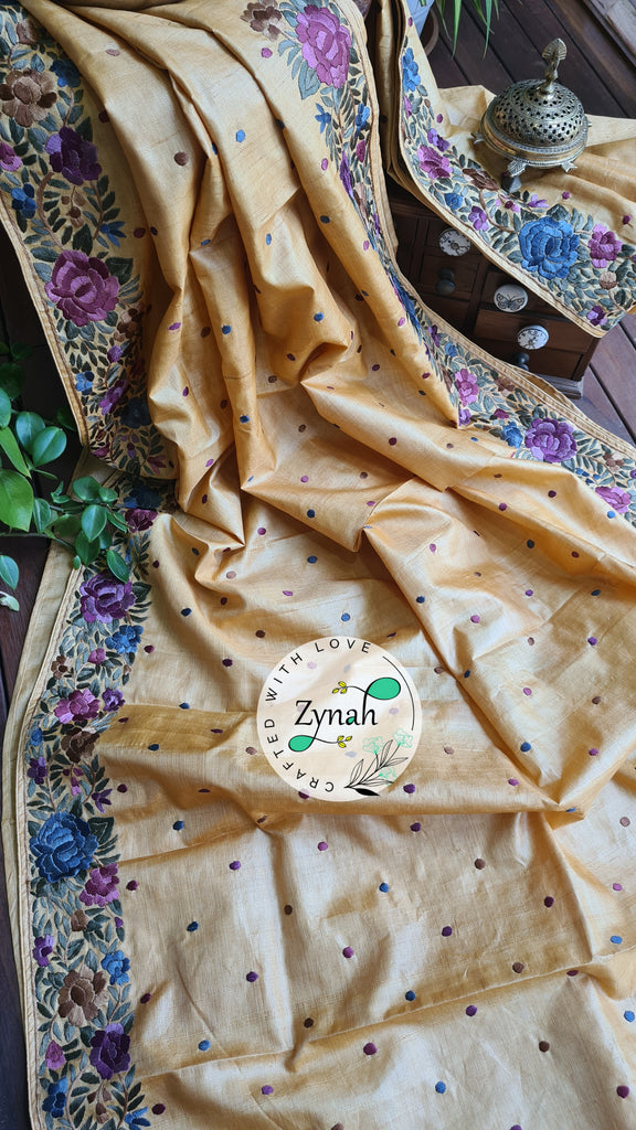 Zynah Made to Order Pure Tussar Silk Parsi Gara Handcrafted Saree; Custom Stitched/Ready-made Blouse, Fall, Petticoat; Shipping available USA, Worldwide