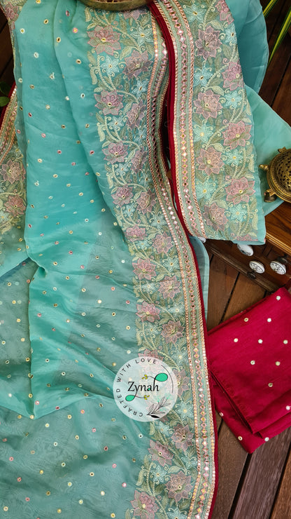 Zynah Pure Organza Silk Saree with Foil Mirror Work & Thread Embroidery; Custom Stitched/Ready-made Blouse, Fall, Petticoat; Shipping available USA, Worldwide