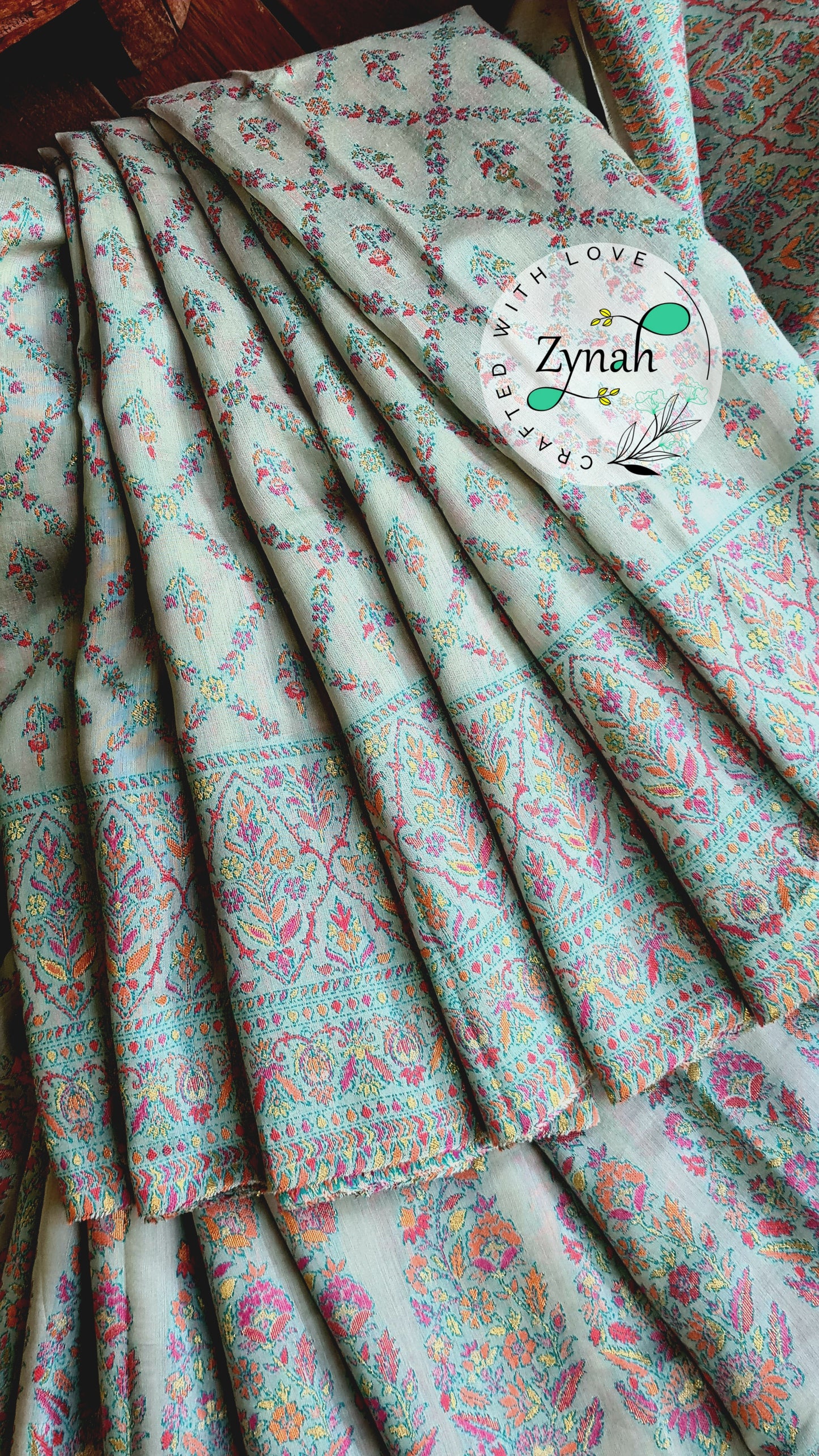 Zynah Pure Silk Kani Jamawar Style Saree with Grand Pallu & Border; Custom Stitched/Ready-made Blouse, Fall, Petticoat; Shipping available USA, Worldwide