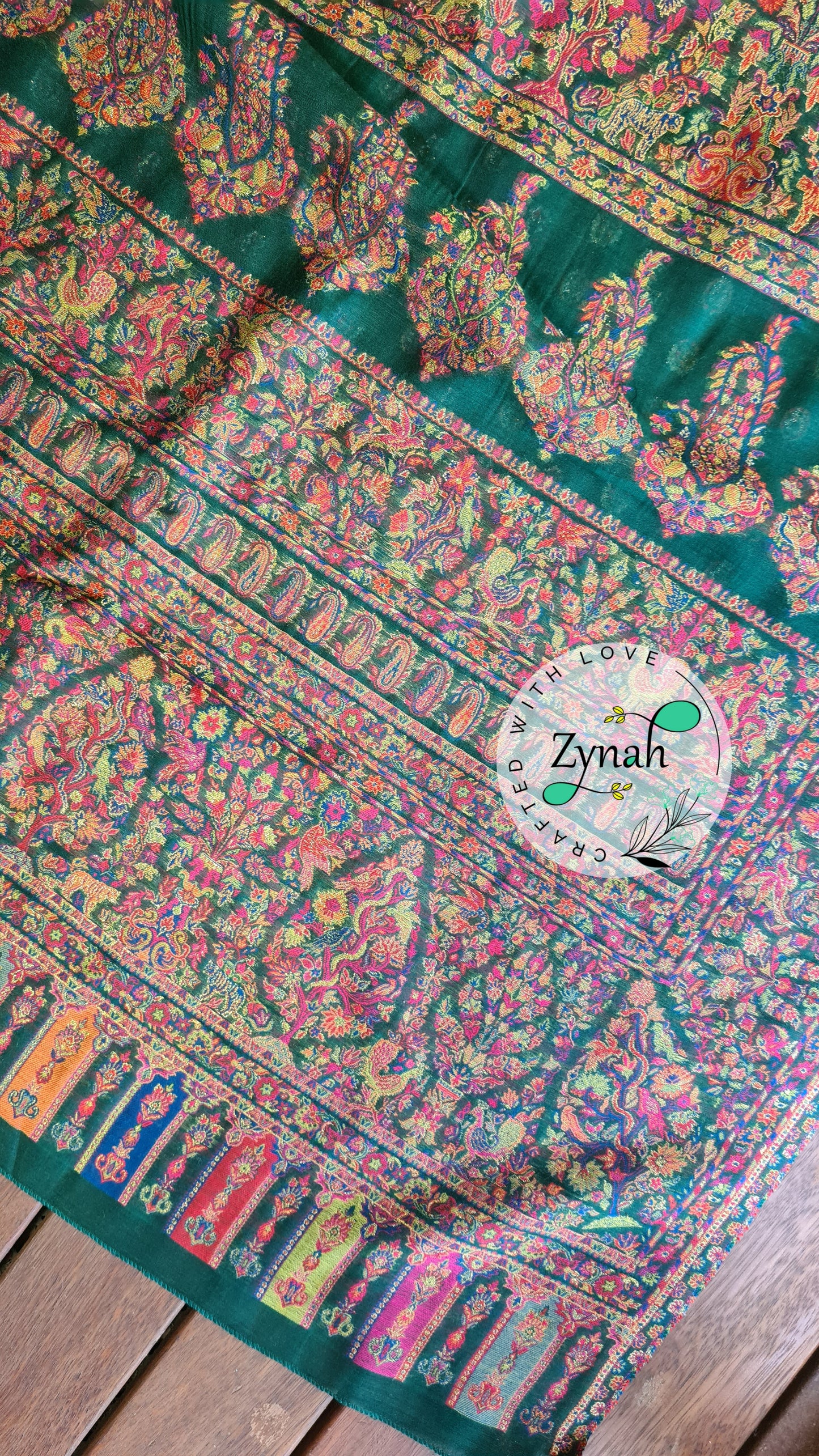 Zynah Green Kashmiri Pure Kani Silk Jamavar Saree | Kashmiri Traditional Pashmina Pure Silk Kani Saree; Custom Stitched/Ready-made Blouse, Fall, Petticoat; SKU: 0903202206