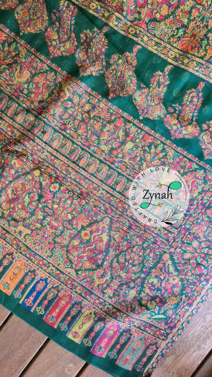 Zynah Green Kashmiri Pure Kani Silk Jamavar Saree | Kashmiri Traditional Pashmina Pure Silk Kani Saree; Custom Stitched/Ready-made Blouse, Fall, Petticoat; SKU: 0903202206