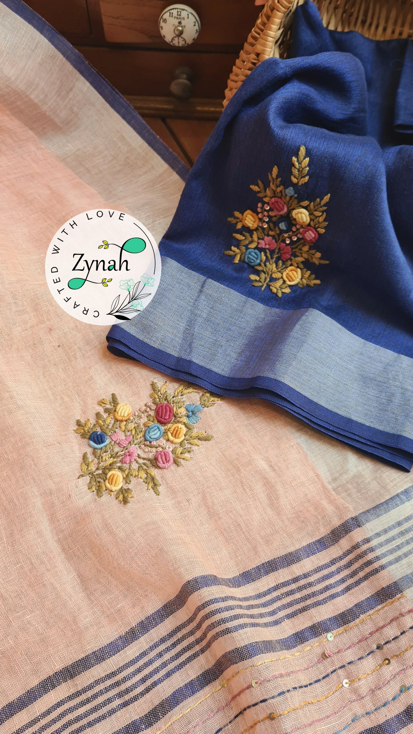 Zynah Pure Linen(120c) Handcrafted Saree with French Knot Hand Embroidery; Custom Stitched/Ready-made Blouse, Fall, Petticoat; Shipping available USA, Worldwide