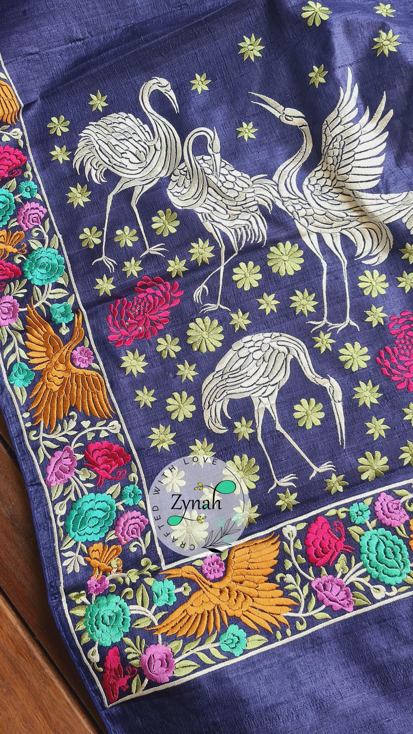 Zynah Pure Tussar Silk Parsi work Inspired Saree, Flamingo Bird Motifs; Custom Stitched/Ready-made Blouse, Fall, Petticoat; Shipping available USA, Worldwide