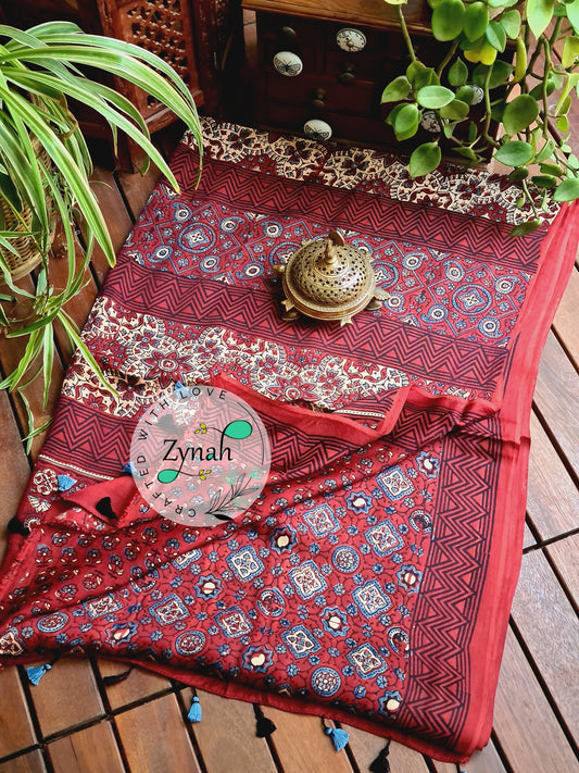 Zynah Pure Modal Silk Ajrakh Saree with Handblock Prints; Custom Stitched/Ready-made Blouse, Fall, Petticoat; Shipping available USA, Worldwide