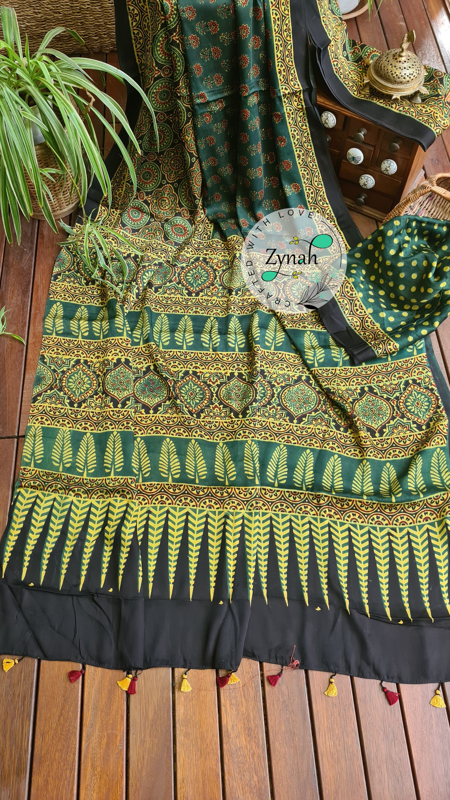 Zynah Pure Modal Silk Ajrakh Saree with Handblock Prints; Custom Stitched/Ready-made Blouse, Fall, Petticoat; Shipping available USA, Worldwide