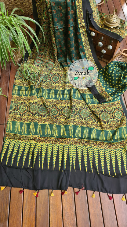 Zynah Pure Modal Silk Ajrakh Saree with Handblock Prints; Custom Stitched/Ready-made Blouse, Fall, Petticoat; Shipping available USA, Worldwide