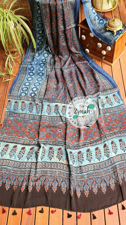 Zynah Pure Modal Silk Ajrakh Saree with Handblock Prints; Custom Stitched/Ready-made Blouse, Fall, Petticoat; Shipping available USA, Worldwide